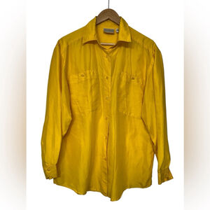 Vintage Bright Yellow Button-Up Shirt Oversized Size Small 100% Silk Retro Chic
